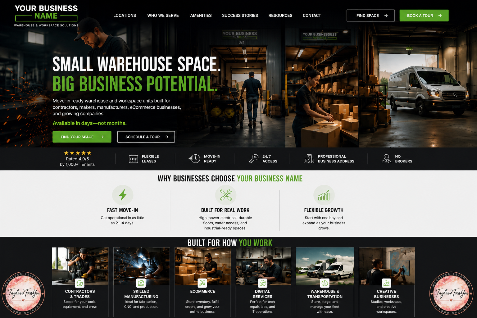 Taylor'dForrYouu website concept for a small warehouse and industrial workspace business