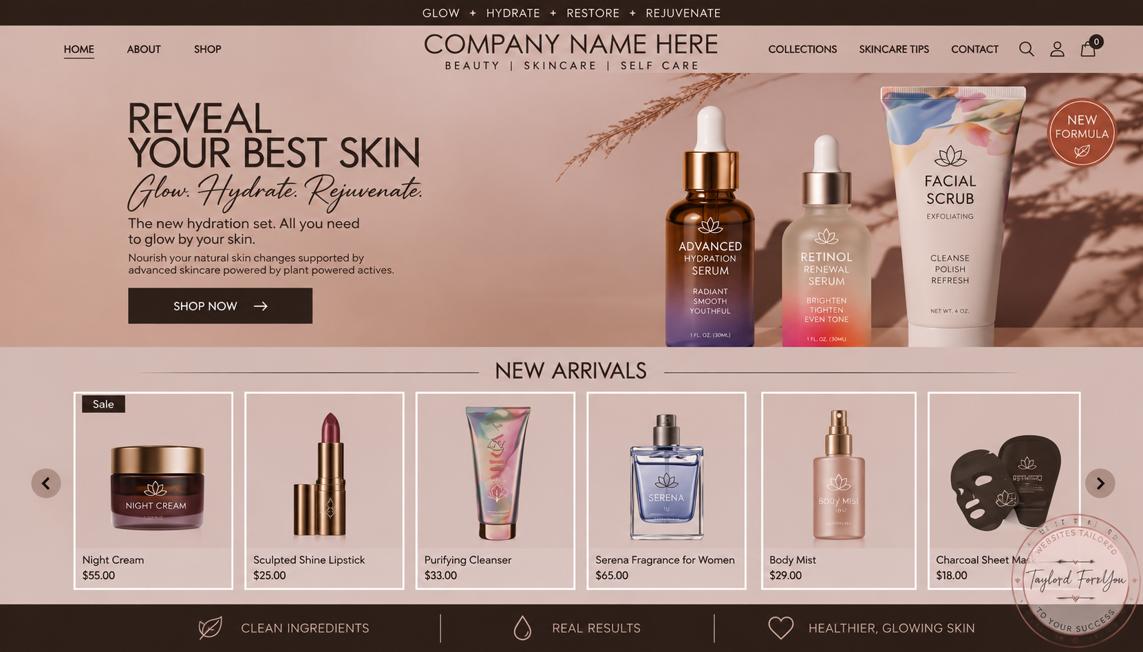 Taylor'dForrYouu website concept for a beauty and skincare e-commerce brand