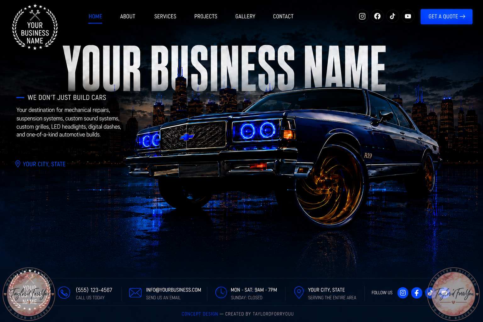 Taylor'dForrYouu website concept for an automotive customization and repair shop
