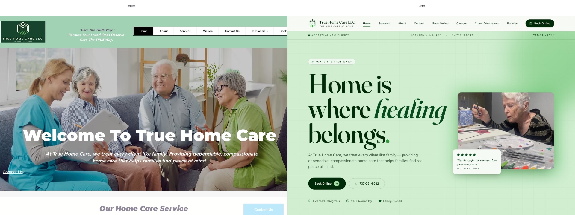 True Home Care LLC website before and after redesign by Taylor'dForrYouu