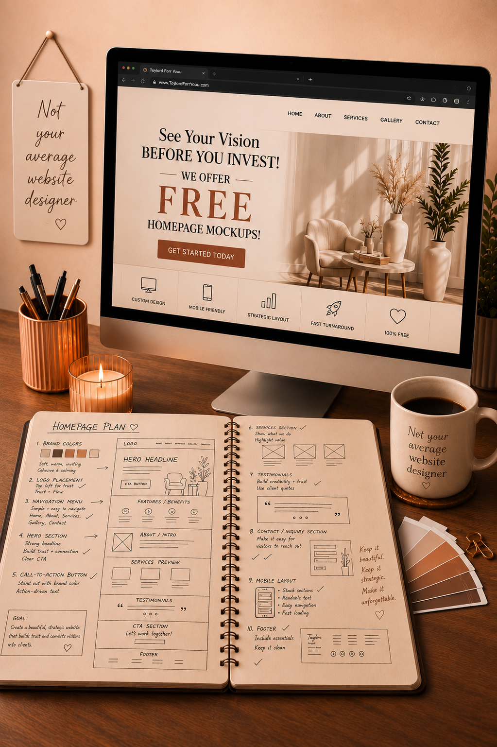 Taylor'dForrYouu desktop workspace showing a homepage mockup, planning notebook, coffee and color swatches