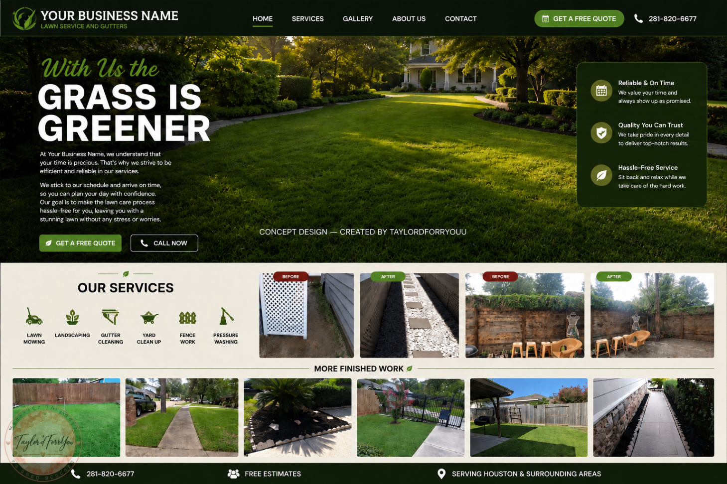 Taylor'dForrYouu website concept for a lawn care and gutter service business